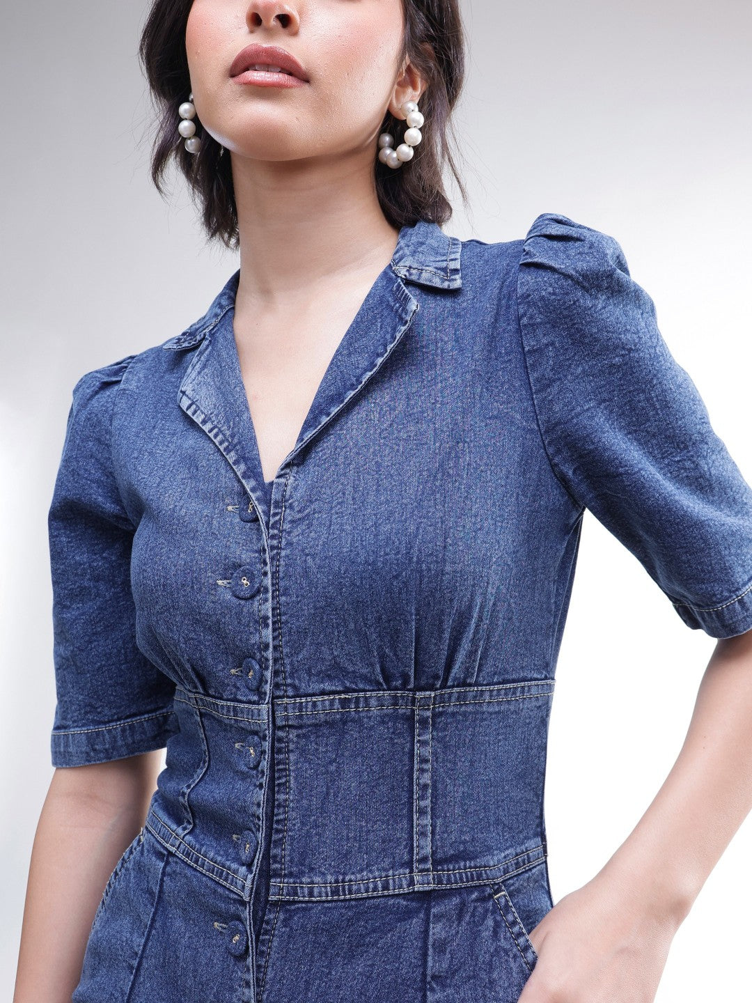 Blue Washed Denim Button Down Jumpsuit-SASSAFRAS