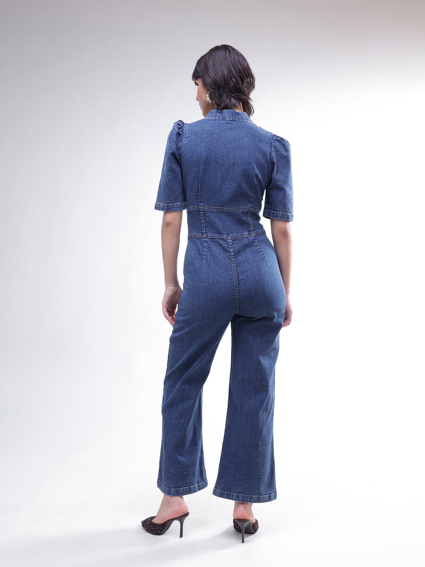 Blue Washed Denim Button Down Jumpsuit-SASSAFRAS