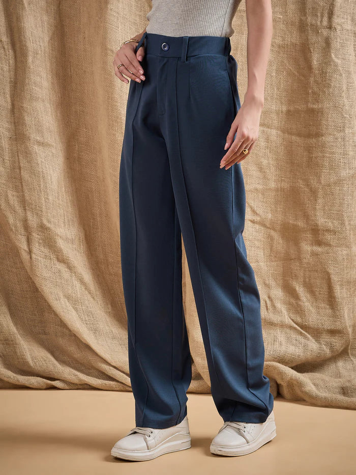 Sasafaras - Women Airforce Blue Front Darted Strechable Pants