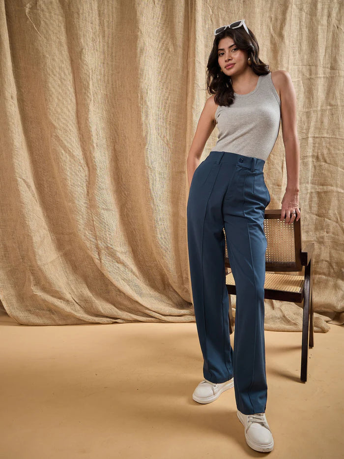 Sasafaras - Women Airforce Blue Front Darted Strechable Pants