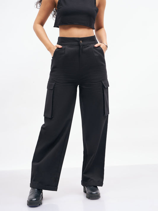 Women Black Box Pockets Straight Pants