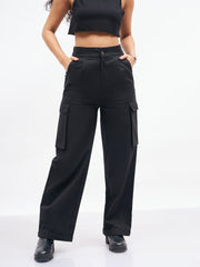Women Black Box Pockets Straight Pants