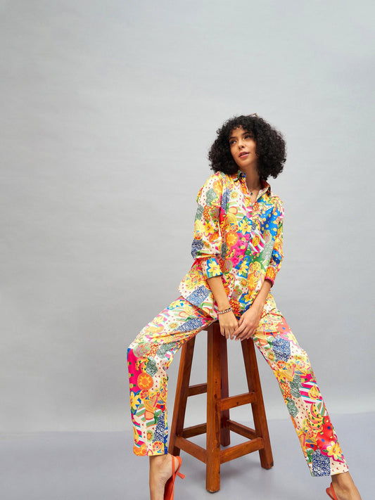 Women Yellow Multi Satin Abstract Darted Pants