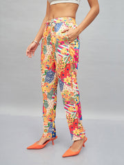 Women Yellow Multi Satin Abstract Darted Pants
