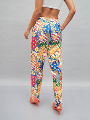 Women Yellow Multi Satin Abstract Darted Pants