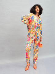 Women Yellow Multi Satin Abstract Darted Pants