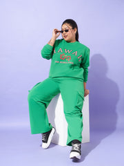 Women Green Fleece Cargo Track Pants