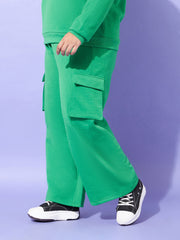Women Green Fleece Cargo Track Pants