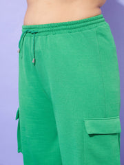 Women Green Fleece Cargo Track Pants