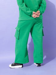 Women Green Fleece Cargo Track Pants
