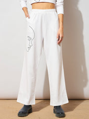 Women White Terry Line Art Track Pants