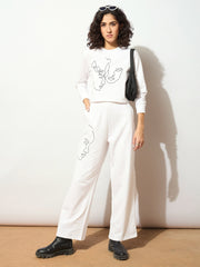 Women White Terry Line Art Track Pants