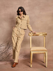 Women Beige Corduroy Straight Pants