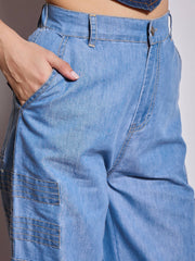 Women Ice Blue Tencel Contrast Stitch Cargo Pants