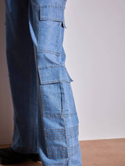 Women Ice Blue Tencel Contrast Stitch Cargo Pants