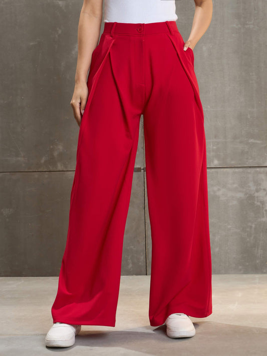 Women Red Front Wrap Pleated Wide Leg Pants