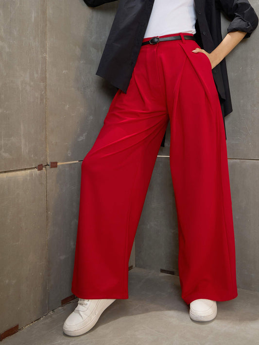 Women Red Front Wrap Pleated Wide Leg Pants