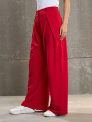 Women Red Front Wrap Pleated Wide Leg Pants