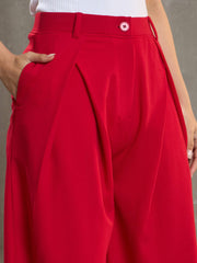 Women Red Front Wrap Pleated Wide Leg Pants