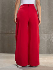Women Red Front Wrap Pleated Wide Leg Pants