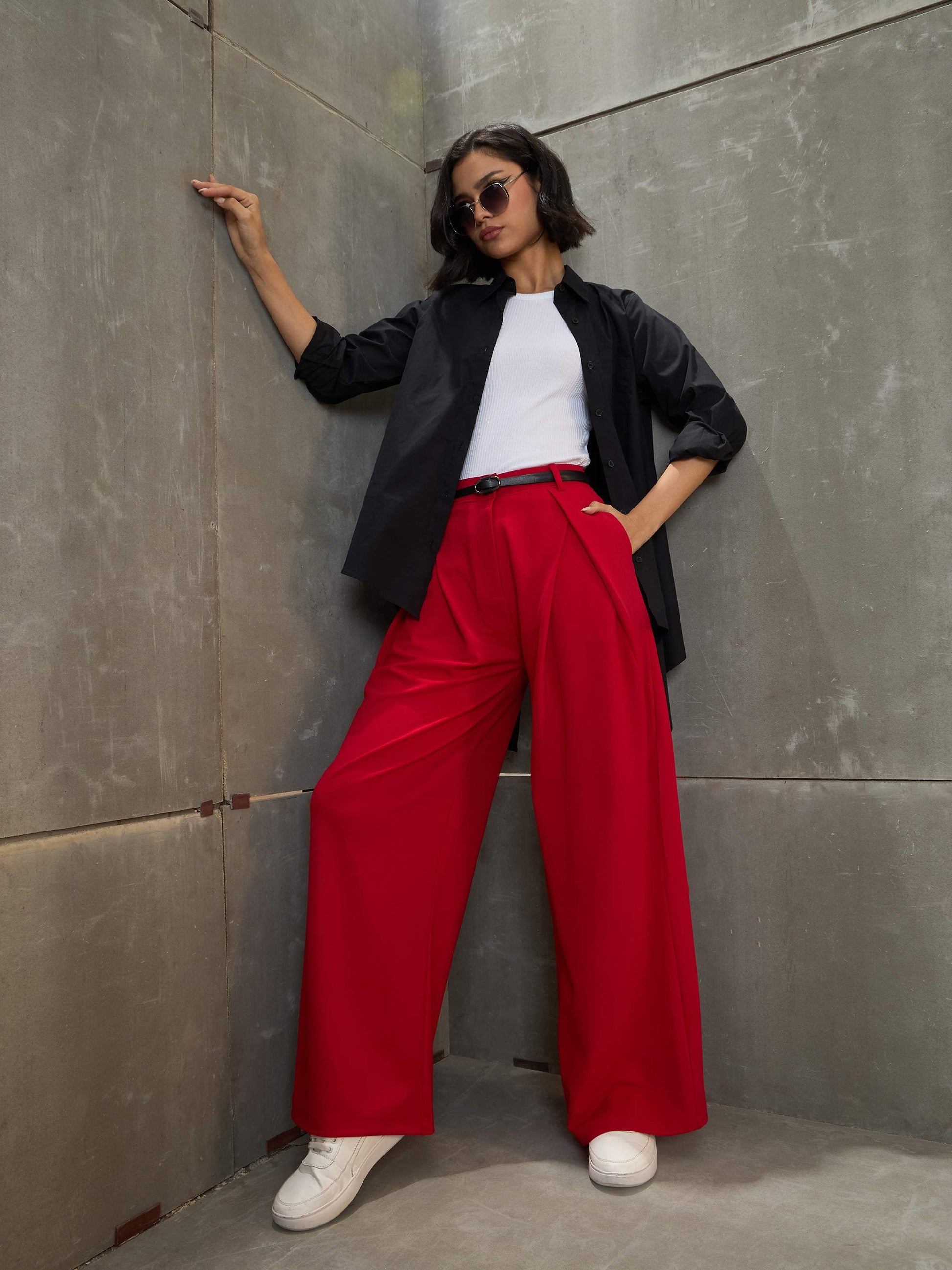 women red front wrap pleated wide leg pants sfpant51143