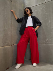 Women Red Front Wrap Pleated Wide Leg Pants