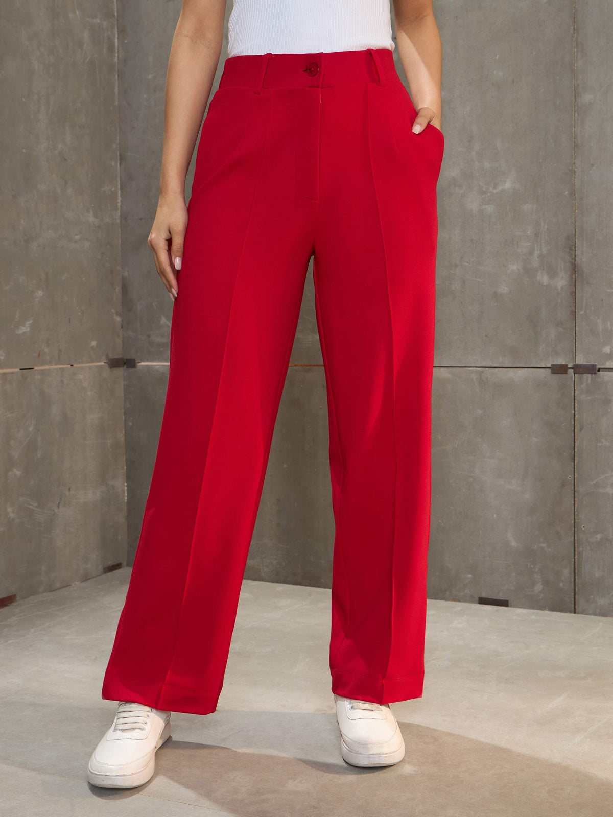 Women Red Front Darted Straight Pants