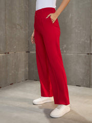 Women Red Front Darted Straight Pants