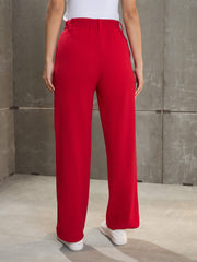 Women Red Front Darted Straight Pants