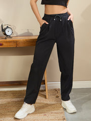 Women Black Tapered Drawstring Joggers