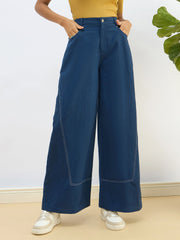 Women Blue Twill Mid Rise Flared Pants