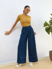 Women Blue Twill Mid Rise Flared Pants
