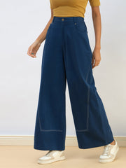 Women Blue Twill Mid Rise Flared Pants