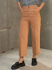 Women Beige Twill Wide Leg Pants