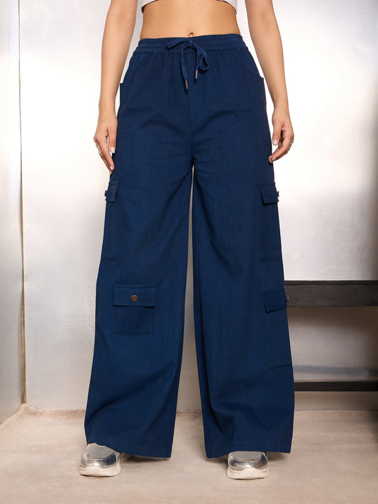 Women Navy Blue Twill Drawstring Cargo Pants