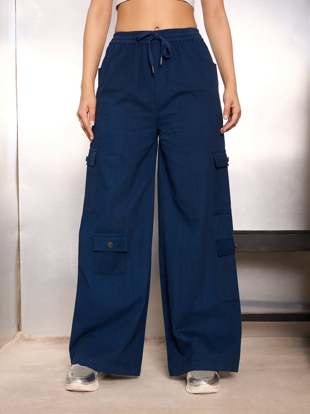 Women Navy Blue Twill Drawstring Cargo Pants