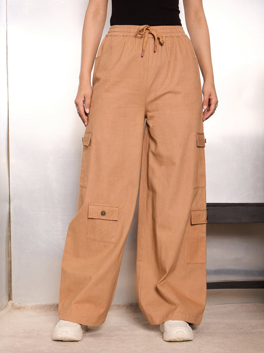 Women Light Brown Twill Drawstring Cargo Pants