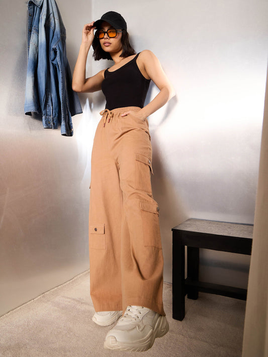Women Light Brown Twill Drawstring Cargo Pants