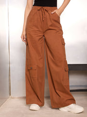 Women Dark Brown Twill Drawstring Cargo Pants