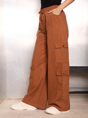 Women Dark Brown Twill Drawstring Cargo Pants