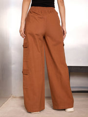 Women Dark Brown Twill Drawstring Cargo Pants