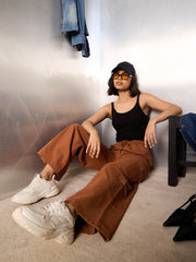Women Dark Brown Twill Drawstring Cargo Pants