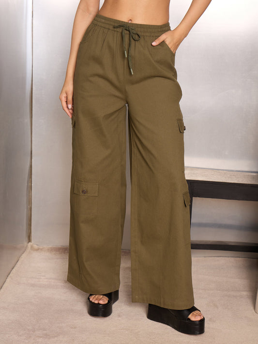 Women Olive Twill Drawstring Cargo Pants