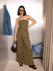 Women Olive Twill Drawstring Cargo Pants