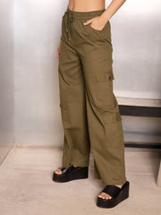 Women Olive Twill Drawstring Cargo Pants