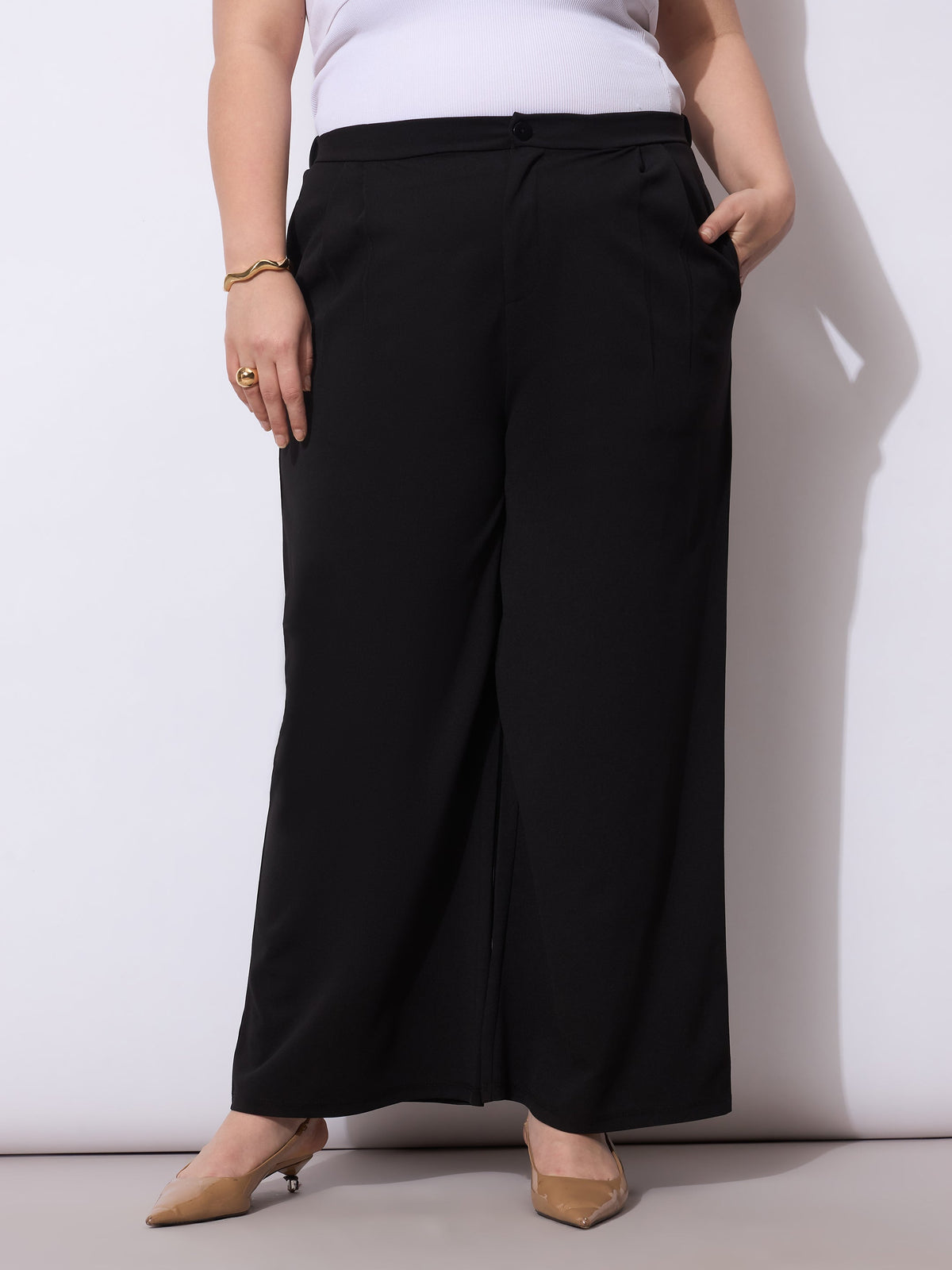 Women Black Front Pleated Straight Pants