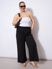 Women Black Front Pleated Straight Pants