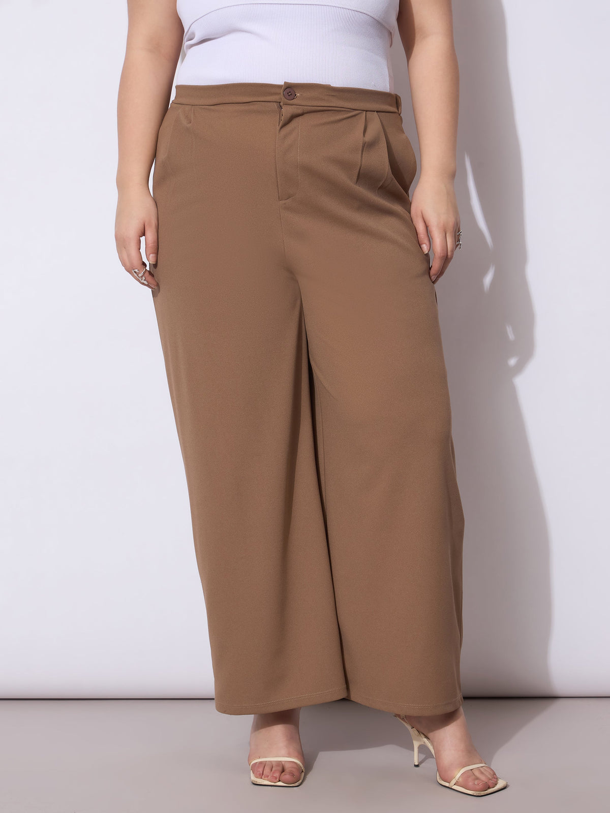 Women Beige Front Pleated Straight Pants