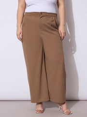 Women Beige Front Pleated Straight Pants