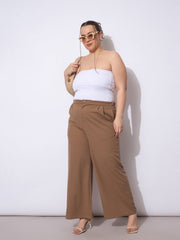 Women Beige Front Pleated Straight Pants